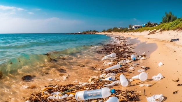 Ocean Pollution Arafly Washed Plastic Bottles and Other Garbage on a Beach A WakeUp Call for Environmental Action Generativeai