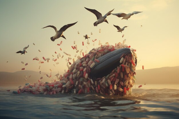Кампания по загрязнению океана с китами, плавающими с пластиковыми пакетами