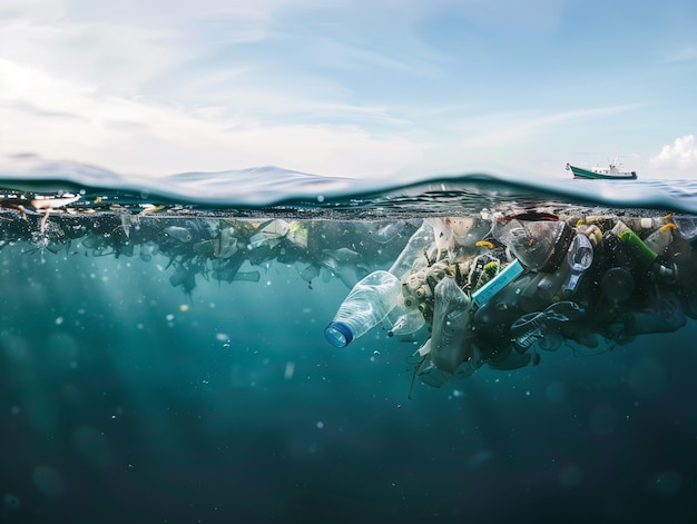 ocean pollution concept floating garbage and debris plaguing the environment impact of human activities copy space