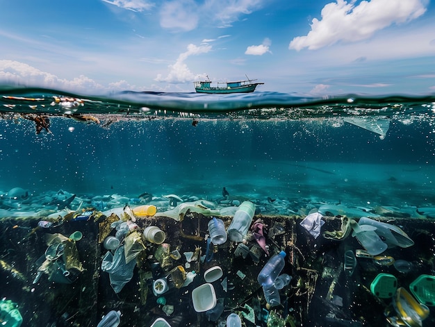 ocean pollution concept floating garbage and debris plaguing the environment impact of human activities copy space