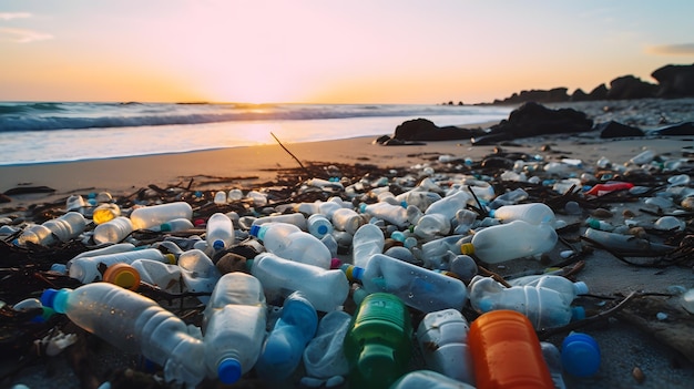 Ocean pollution crisis plastic bottles and microplastics on beach