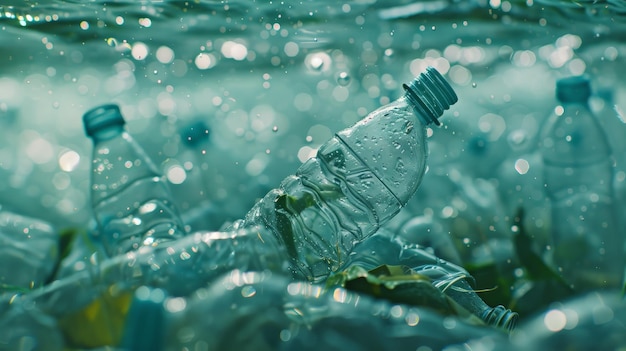 Foto inquinamento degli oceani riutilizzo della plastica gestione dei rifiuti contaminazione ambientale bottiglie vuote e rugose pulite e bagnate si accumulano su uno sfondo blu-verde sfocato