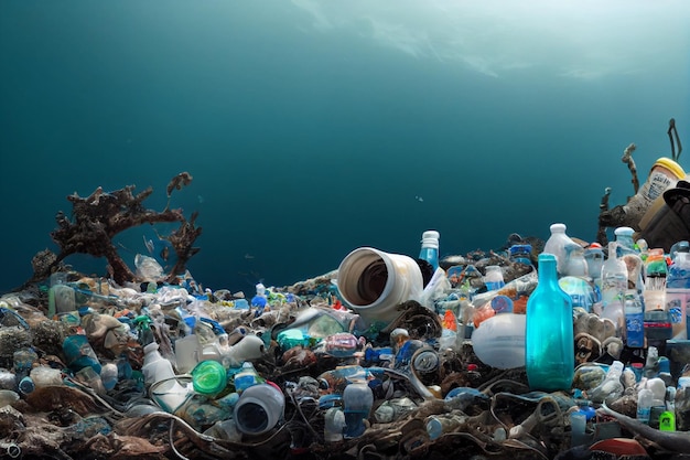 Ocean pollution Seabed with inhabitants and debris Plastic bottles glasses bags straws masks jars light bulb Global problem garbage under ocean sea Copy space