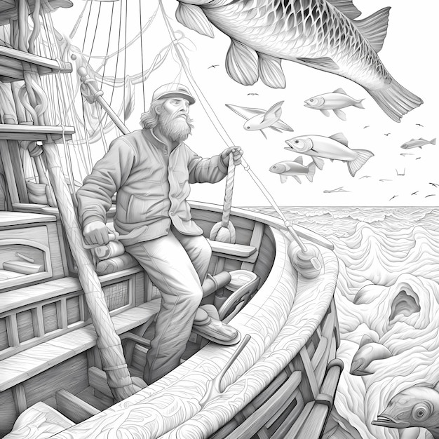 Ocean Pursuit 3D Coloring Adventure with a Crisp Image Fisherman Catching Tuna