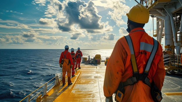 Ocean rig workers on water rig wearing helmets for protection AIG41