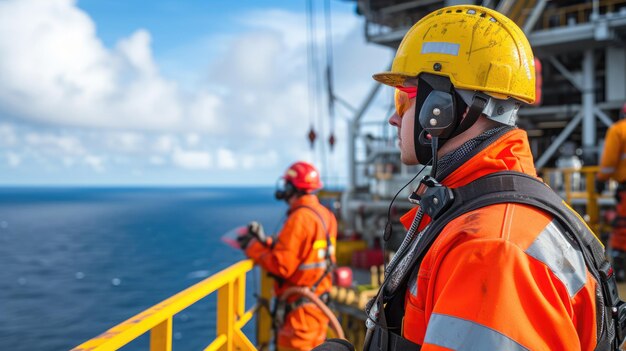 Ocean rig workers on water rig wearing helmets for protection AIG41