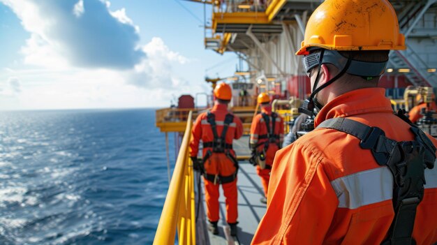 Ocean rig workers on water rig wearing helmets for protection AIG41