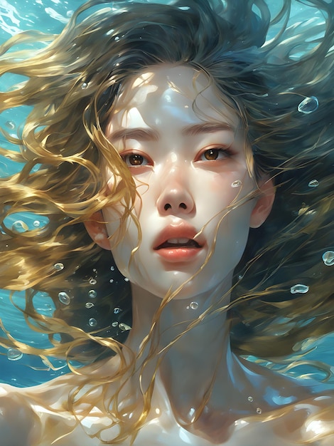 The Ocean's Beauty A Queen with Water Reflections and Voluminous Hair
