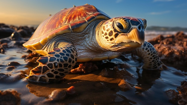 Ocean's Embrace Sunset-zeeschildpad keert terug naar de Stille Oceaan