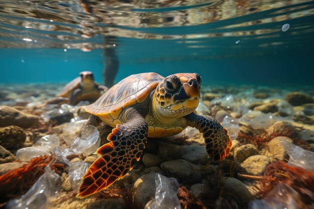 海の窮状 プラスチックが海洋生物に損害を与え、環境への影響を増大させる 生成型 AI