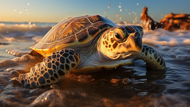 Возвращение океана Морская черепаха на закате после гнездования направляется в Тихий океан