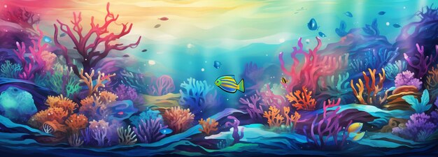 虹が水を貫く海の風景 魚やサンゴなどの海洋生物