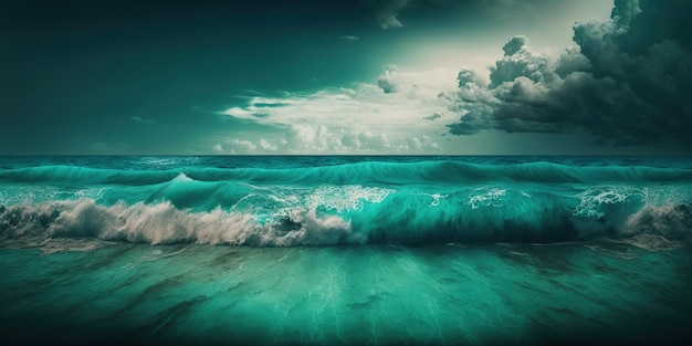 An ocean scene with waves and clouds in the sky generative AI