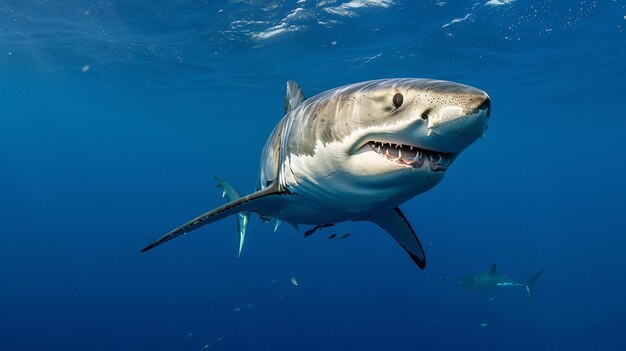 Ocean shark bottom view from below Open toothy dangerous mouth with many teeth Generative Ai