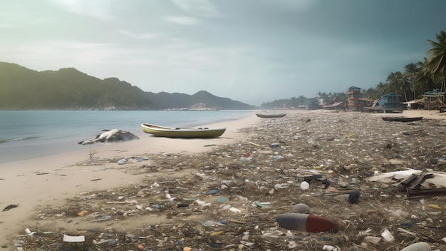 Ocean shore after tsunami Natural disaster concept Generative AI