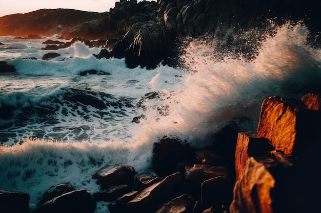 Ocean shoreline rocks being battered by waves