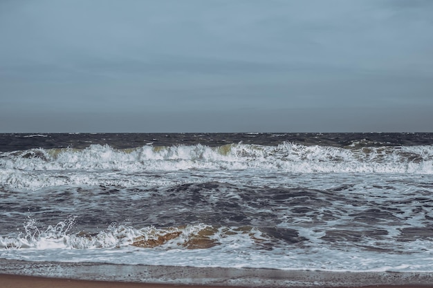 Ocean storm waves dramatically crashing splashing Sky horizon line Sea water edge nature front view marine wallpaper design Bad weather cloudy overcast Dark green turquoise blue tone pale matte