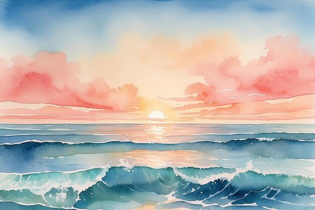 Photo ocean sunrise serenity coral pink sky blue and pale peach watercolor harmony