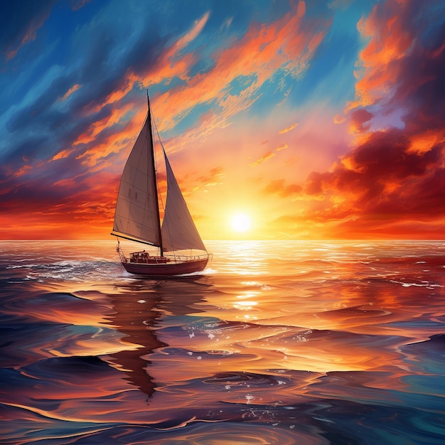 Ocean sunset with sailboat art