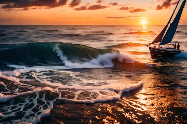 写真 ヨットアートのある海の夕日
