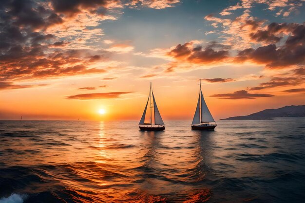 Ocean sunset with sailboat art