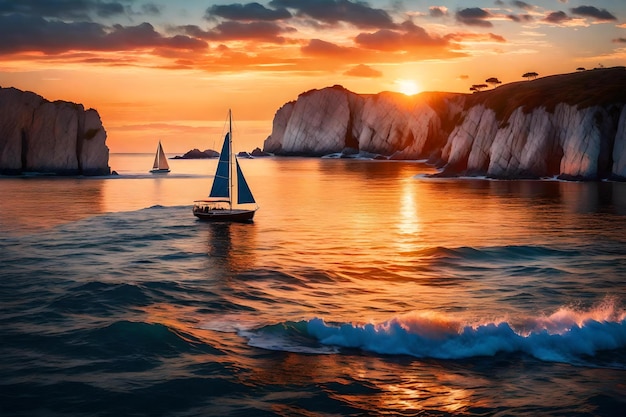 Ocean sunset with sailboat art