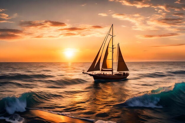 Ocean sunset with sailboat art