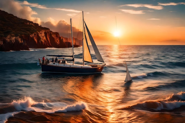 Ocean sunset with sailboat art