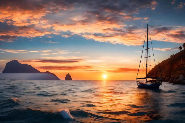 Foto tramonto sull'oceano con barca a vela art