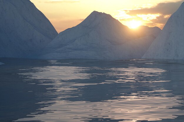 빙산 3d 렌더링의 측면에서 오는 바다와 햇빛