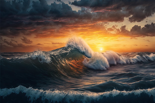 Ocean surface with big waves sunset Generative Ai