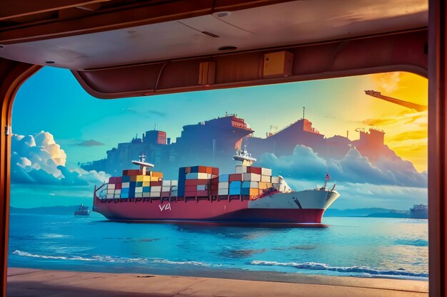 Ocean transport cargo huge freighter ship wallpaper background illustration container cargo ship