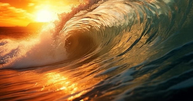 Ocean Wave Crashing at Sunrise colorful beautiful blue waves with sunlight closeup sunset