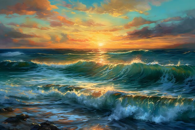 写真 海の波 頂上の形をした海水 背景に夕日の光と美しい雲 aiが生成したニューラルネットワーク
