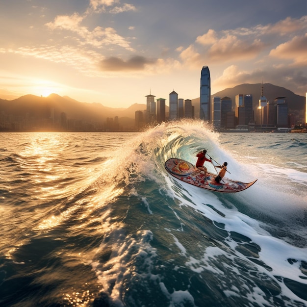 Ocean wave skim surf board surfing sunset wallpaper AI Generated art