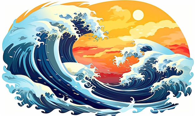 Океанская волна солнце облака сине-желтые абстрактные океанские волны