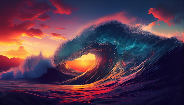 Ocean Wave and sunset light colorful digital illustration