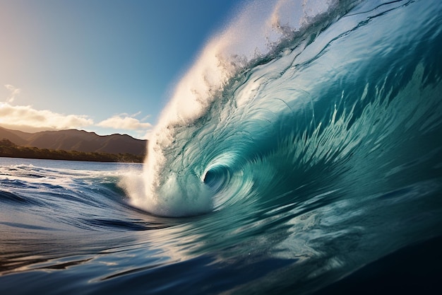 Ocean wave at sunset with reflection on water surface Blue sky with white clouds