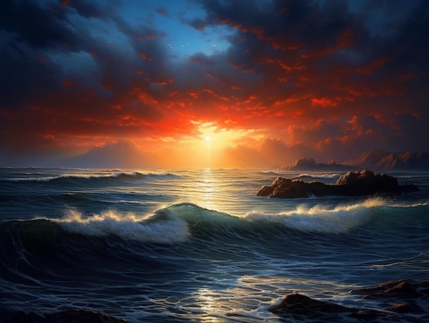 Океанская волна с фоном искусства заката