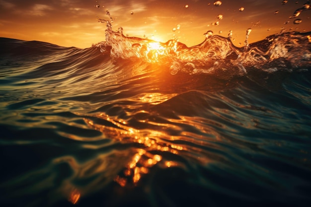 Ocean wave with sunset light on background AI generated illustration