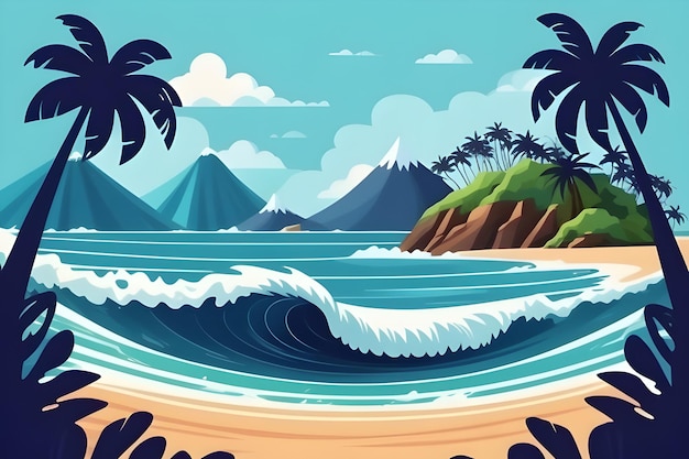 Ocean wave with tropical island flat illustration