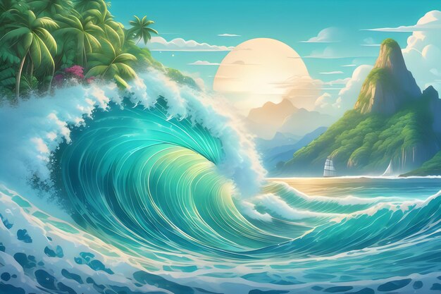 Ocean wave with tropical island flat illustration