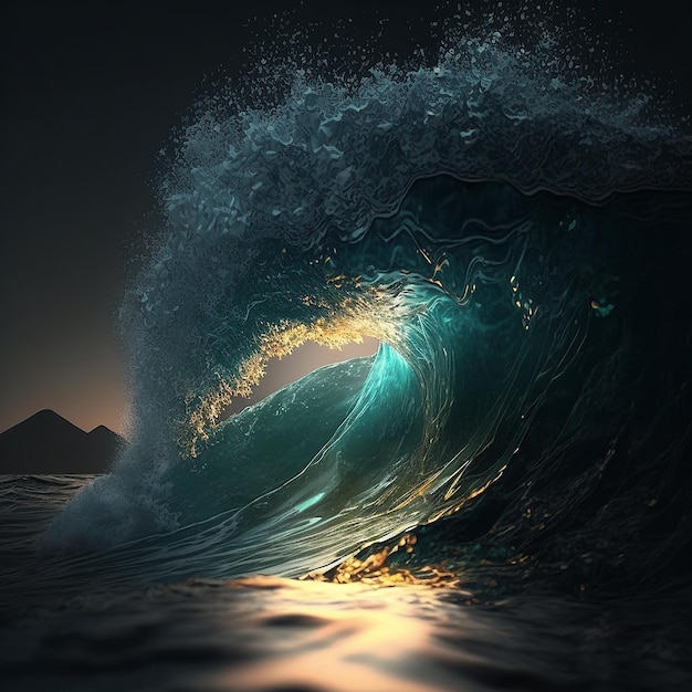 Ocean wave zeewater zonsondergang vector illustratie afbeelding Ai gegenereerde kunst