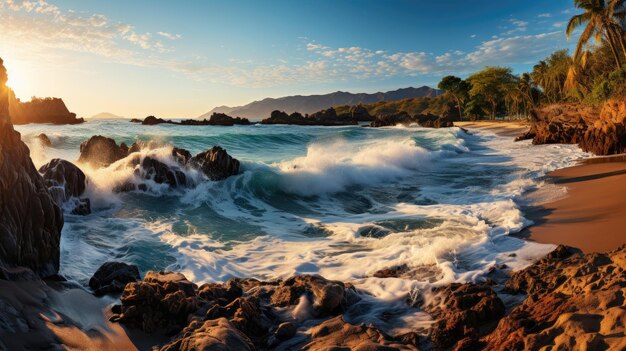 the ocean waves are crashing on the rocks.