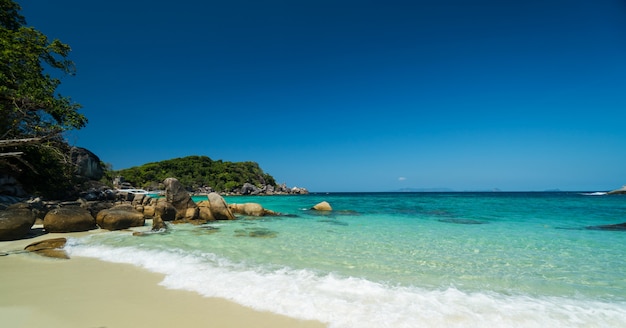 파도, 아름다운 열대 해변과 바위 해안선과 아름다운 숲. Nga Khin Nyo Gyee Island 미얀마. 미얀마 남부의 열대 바다와 섬