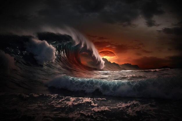 暗い夕日の海の波