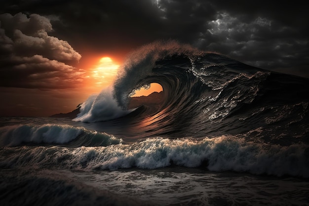 Ocean waves in dark sunset