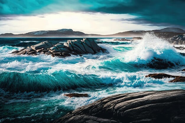 Ocean waves in the island landscape