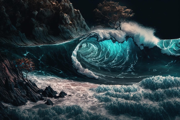 Ocean waves in the island landscape