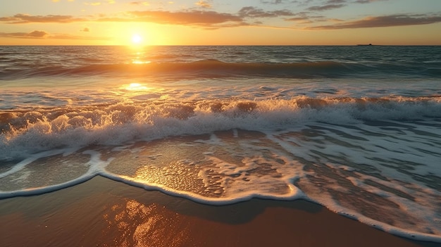 砂浜の海の波の夕日の写真 AI 生成写真